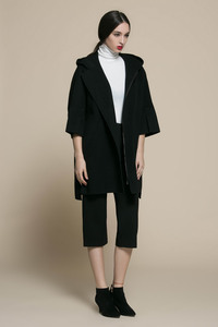 韩国女士廓型双面手缝羊绒羊毛中长款大衣外套七分袖秋冬黑色