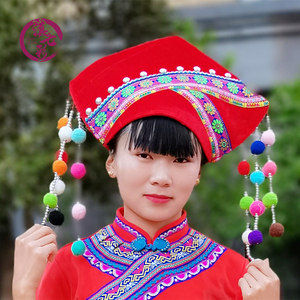 新款铃铛壮族女头饰 红色壮族毛球女帽土家族拉祜族服装搭配帽子