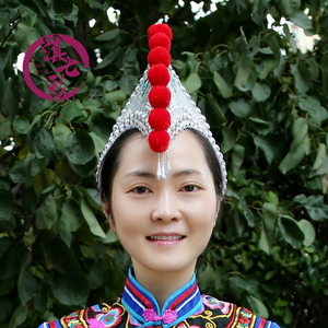 彝族女款头饰 红毛球银色大公鸡帽 少数民族服装配饰 精品鸡冠帽