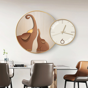 网红大象挂钟餐厅装饰画圆形创意组合时钟壁画轻奢客厅挂画带钟表
