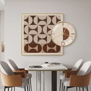 侘寂风复古餐厅装饰画抽象客厅钟表挂画轻奢沙发墙上时钟组合壁画