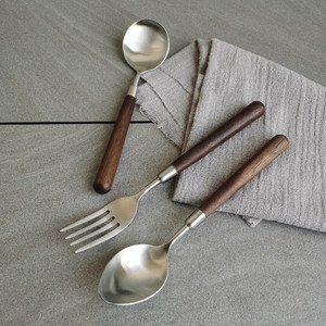 304不锈钢木柄勺子 儿童饭勺 汤勺西餐勺 家用叉子 汤匙调羹 叉勺