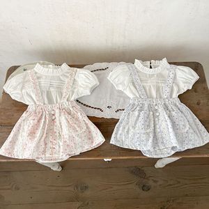 夏季女宝纯棉精美白衬衣两色棉布背带包屁裤裙套装婴幼童淑女套装