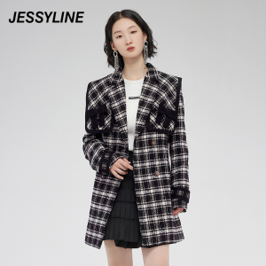 2折特卖款 杰茜莱黑白色格子粗花毛呢外套女装秋冬大衣 jessyline