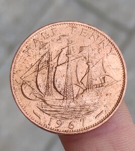 大英帝国半便士金鹿号帆船纪念币 硬币约25.5mm 钱币铜币年份随机