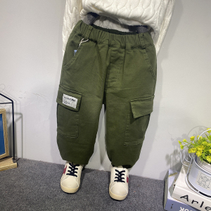 男童韩版洋气工装裤加绒加厚绿色潮牌儿童裤子2020冬装休闲裤长裤