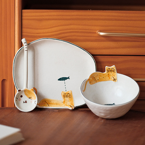 猫咪可爱卡通陶瓷餐具套装 釉下彩手绘碗盘勺 创意手工情侣礼物