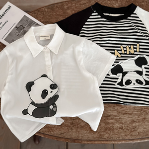薄款儿童短袖衬衫 24夏男女童熊猫卡通贴布衬衣宝宝白色翻领上衣