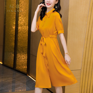 杭州重磅黄色真丝桑蚕丝连衣裙2022年新款夏季纯色气质收腰长裙子