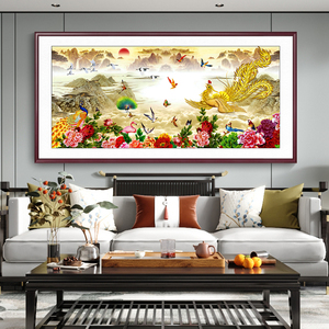 新款新中式百鸟朝凤图客厅电视沙发背景墙装饰画孔雀花鸟寓意壁画