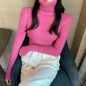 秋冬磨毛加厚保暖高领针织打底衫玫粉色紧身高弹力彩色内搭毛衣女