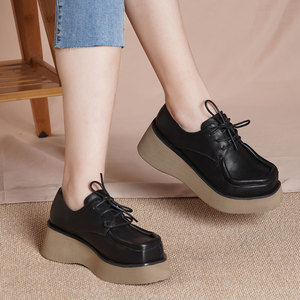 真皮厚底女鞋2021春季新款休闲系带松糕底四季鞋全皮方头个性单鞋