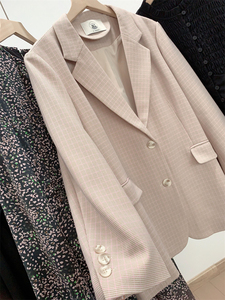设计公司品牌 经典粉色系小格纹单排扣西装外套0.8kg