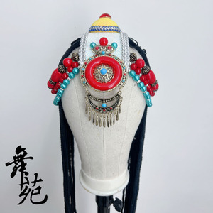 藏族舞蹈头饰新款水色演出表演天裕民族头饰手工辫子发饰饰品定做