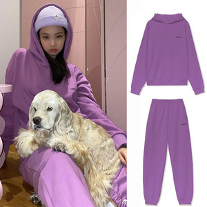 jennie金智妮明星同款私服紫色连帽卫衣女时尚套装2021春季新款