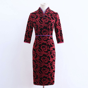 Y1035 梦至C专柜正品 高端 红黑柔软 中老年端庄旗袍连衣裙 L和XL