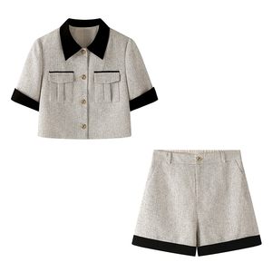 拉夏品牌小香风套装女两件套2024夏季一整套短袖撞色外套上衣短裤