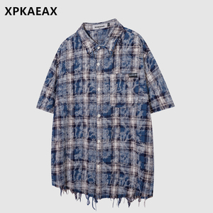 XPKAEAX原创潮牌美式复古街头翻领衬衫格子欧美高街短袖衬衣夏季