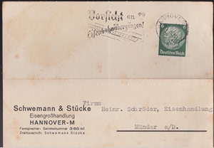 德国二战1936-9-15实寄明信片 贴兴登堡6芬尼 汉诺威戳