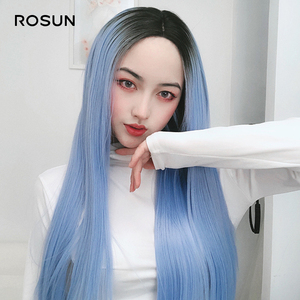 欧美前蕾丝ins网红蓝色假发女长发全头套式自然修饰圆脸整顶cos