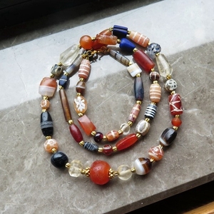 收藏级古珠项链~高古老玛瑙~老水晶~萨珊古印章~镶蚀红玉髓多宝