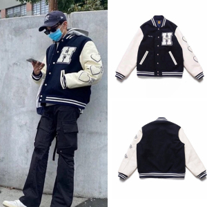 正品现货human made毛巾绣棒球服外套羊毛皮袖刺绣棉衣加绒夹克男