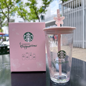 星巴克新款粉色猫爪樱花玻璃随享咖啡牛奶杯双饮吸管杯女生礼物