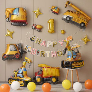 工程车汽车男孩生日布置一周岁派对挖掘机气球主题背景装饰场景