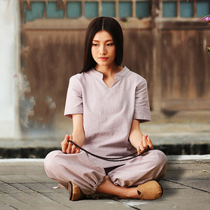 康愫雅夏装气质短袖棉麻禅修衣服居士服宽松瑜伽服套装立领佛教女