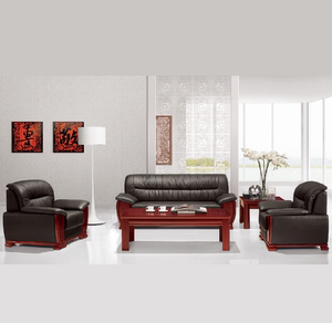 西安办公组合中式沙发胡桃色油漆黑色皮面软扶手沙发配套茶几厂家