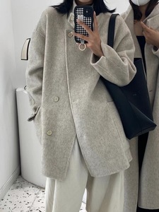 韩国东大门2024春装新款双面羊绒大衣女中长款立领宽松小个子外套