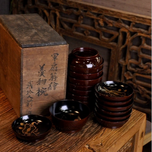 日本昭和时期木胎大漆撒金绘军扇金莳绘盖碗9客原箱中古品手作