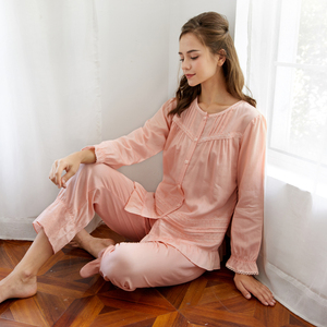 伊丝芬纯棉直贡缎秋季舒适睡衣女柔软亲肤圆领长袖长裤青年家居服