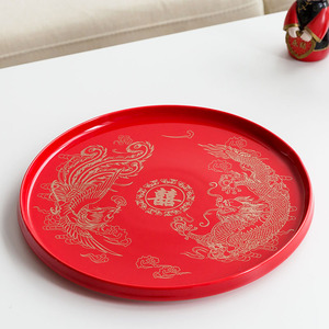 陶瓷茶盘婚礼用茶盘茶杯圆喜盘新娘婚庆敬茶敬酒盘糖果盘红色盘子