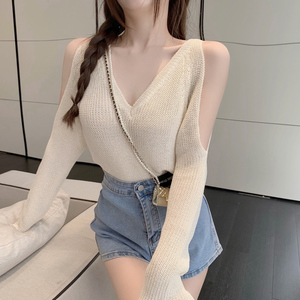 夏季ins小众设计感透感上衣露肩宽松薄款长袖t恤女防晒罩衫外搭潮