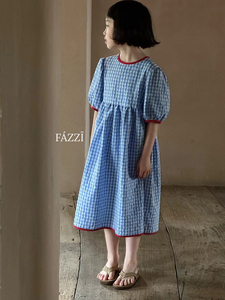 韩国品牌童装女童2024年夏装新款蓝色格子连衣裙