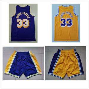 湖人队33号贾巴尔复古球衣网眼圆领运动背心刺绣篮球服短裤黄色紫
