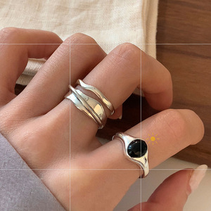 椭圆黑色锆石戒指女复古时尚几何多层不规则S925银开口指环食指戒