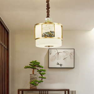 禅意新中式单头吊灯全铜实木餐厅茶室灯麻将室入户玄关创意小吊灯