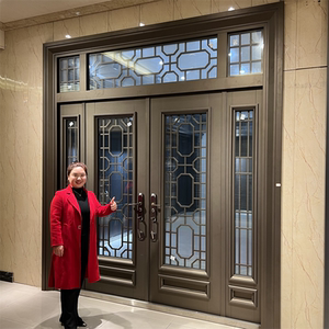 锌合金新农村别墅大门钢化玻璃双开门入户防盗门进户对开门仿铜门