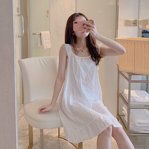 2022夏季新品睡衣提花纯棉纯色甜美背心吊带一字肩领睡裙夏天薄款