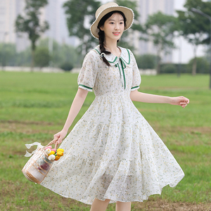 碎花雪纺连衣裙女2021新款夏季娃娃领小清新气质收腰显瘦少女裙子