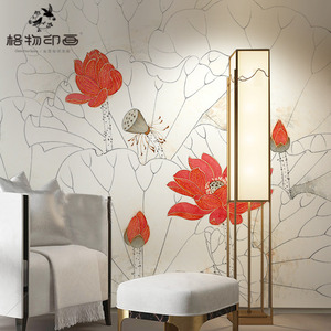 现代中式意境淡雅金线荷花电视沙发背景墙纸壁布客厅茶室定制壁画