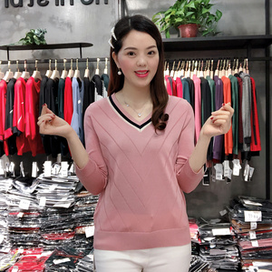 特价丝衣菲919046正品2019女装夏款时尚v领百搭天丝针织衫毛衣潮
