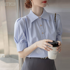 2024年夏季法式泡泡袖蓝色衬衫女面试正装职业通勤短袖小个子上衣