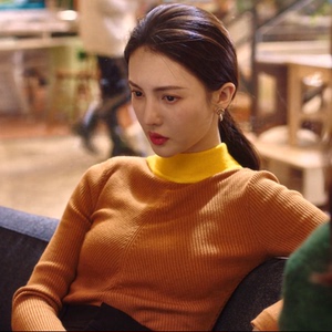 了不起的女孩金晨沈思怡同款衣服早春新桔色拼接修身针织衫毛衣女