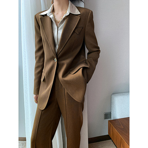 摩卡棕西装外套套装系列西服两件套开叉微喇裤
