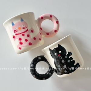出口韩国可爱手绘插画猫咪马克杯童趣儿童陶瓷水杯卡通情侣咖啡杯