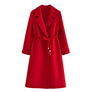 红色双面羊绒大衣女纯手工高级感秋冬高端中长款系带毛呢外套结婚