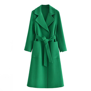 绿色大衣女秋冬高级感中长款高端双面羊绒过膝浴袍款羊毛呢外套厚
